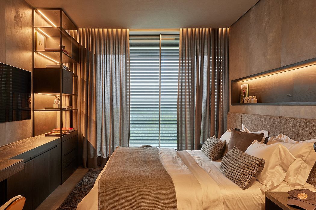 Warm, cozy bedroom with wooden shelves, curtains, and indirect lighting creating a relaxing ambiance.