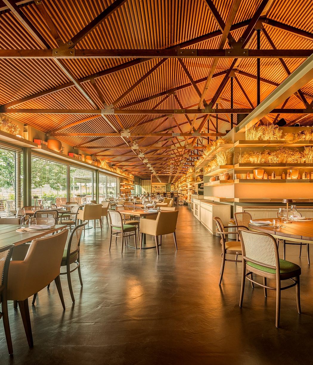 Warm, rustic-inspired interior with intricate wooden ceiling and shelving displays.