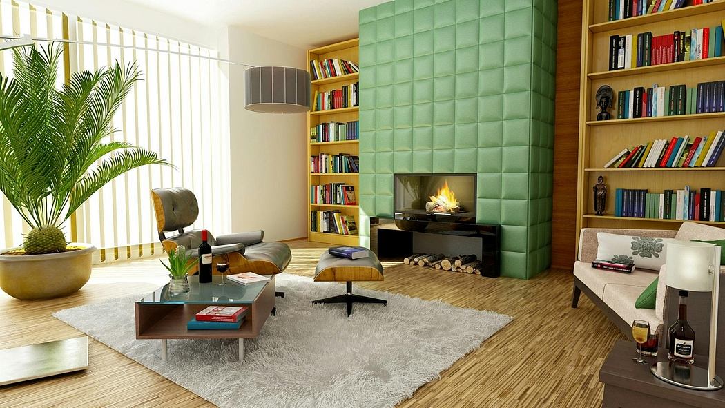 Sleek, modern living room with textured green wall, bookshelf, and cozy furniture.