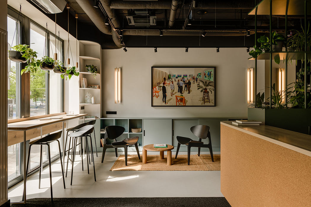 A modern, industrial-inspired cafe interior with hanging plants, wood and leather furnishings.