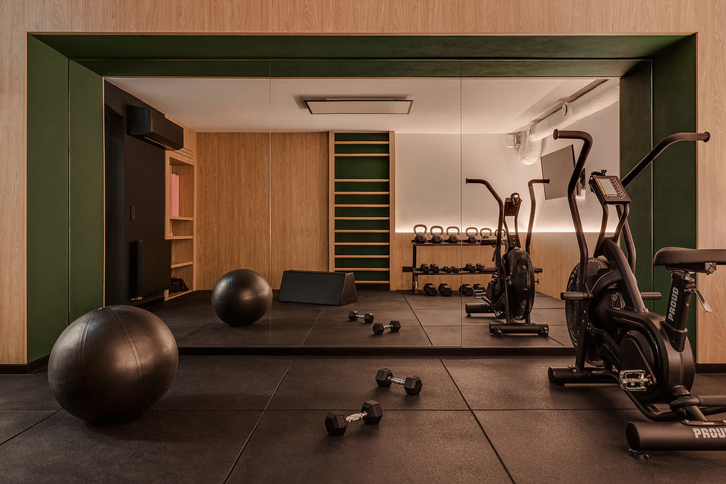Sleek, modern home gym with wooden accents, exercise equipment, and storage shelves.
