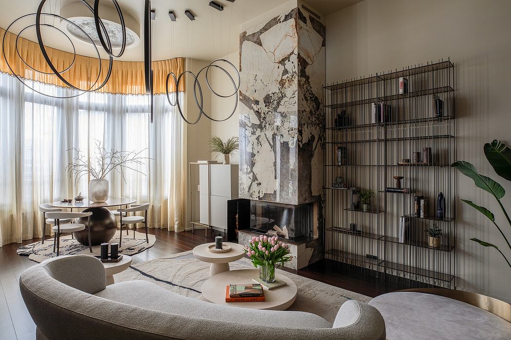 Elegant modern living room with circular lighting, marble feature wall, and minimalist furnishings.