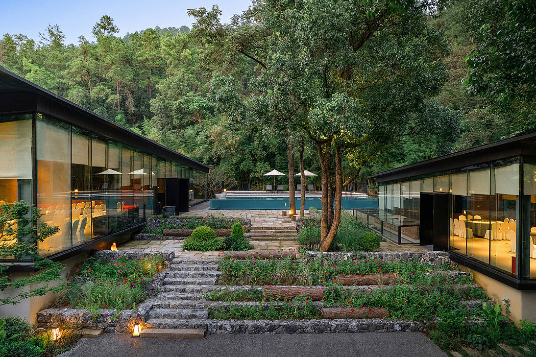 Expansive midcentury modern retreat with lush, stepped gardens and poolside views.