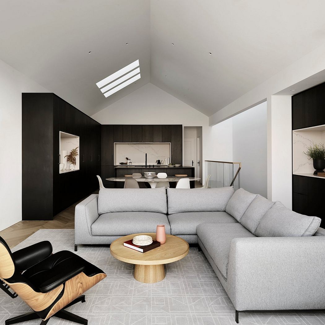 Sleek modern living room with high ceiling, gray sectional, and wood accents. Minimalist design.