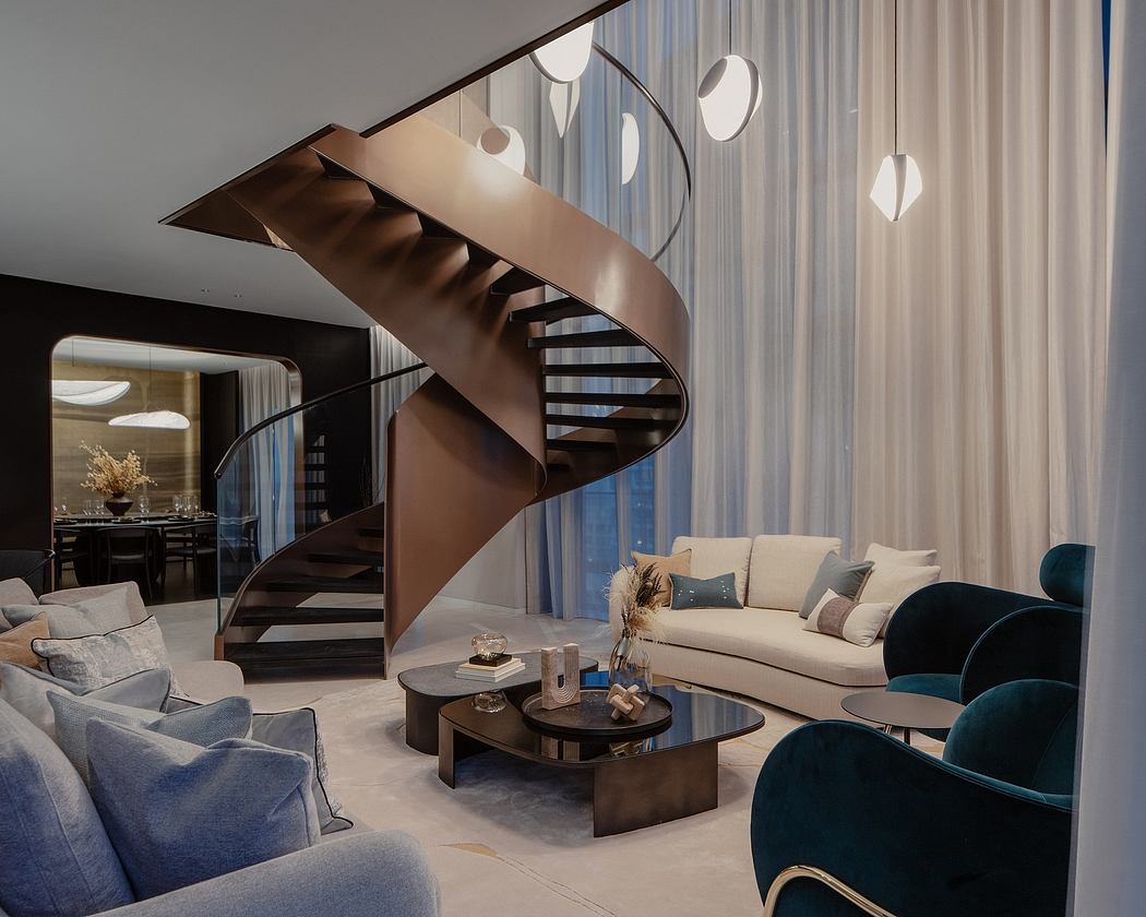 Stunning spiral staircase, plush seating, and modern decor elements create a luxurious interior.