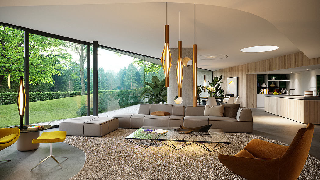 Sleek and modern living space with large windows, wood accents, and stylish lighting.
