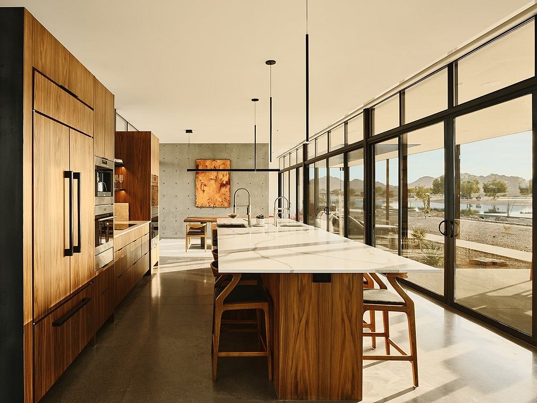 Modern open-concept kitchen with expansive windows, wooden furnishings, and industrial accents.