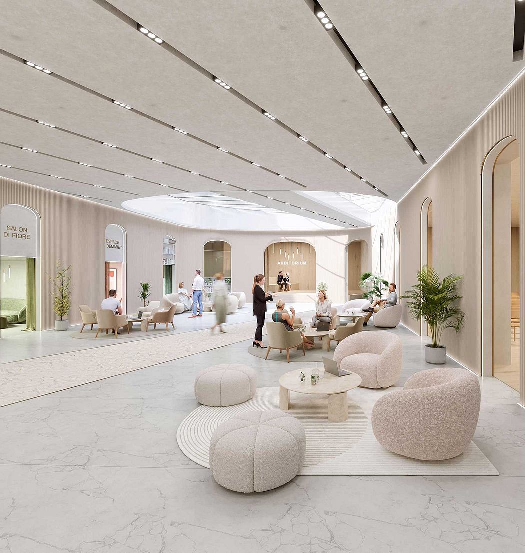 A modern, minimalist interior with curved seating, light fixtures, and tranquil ambiance.