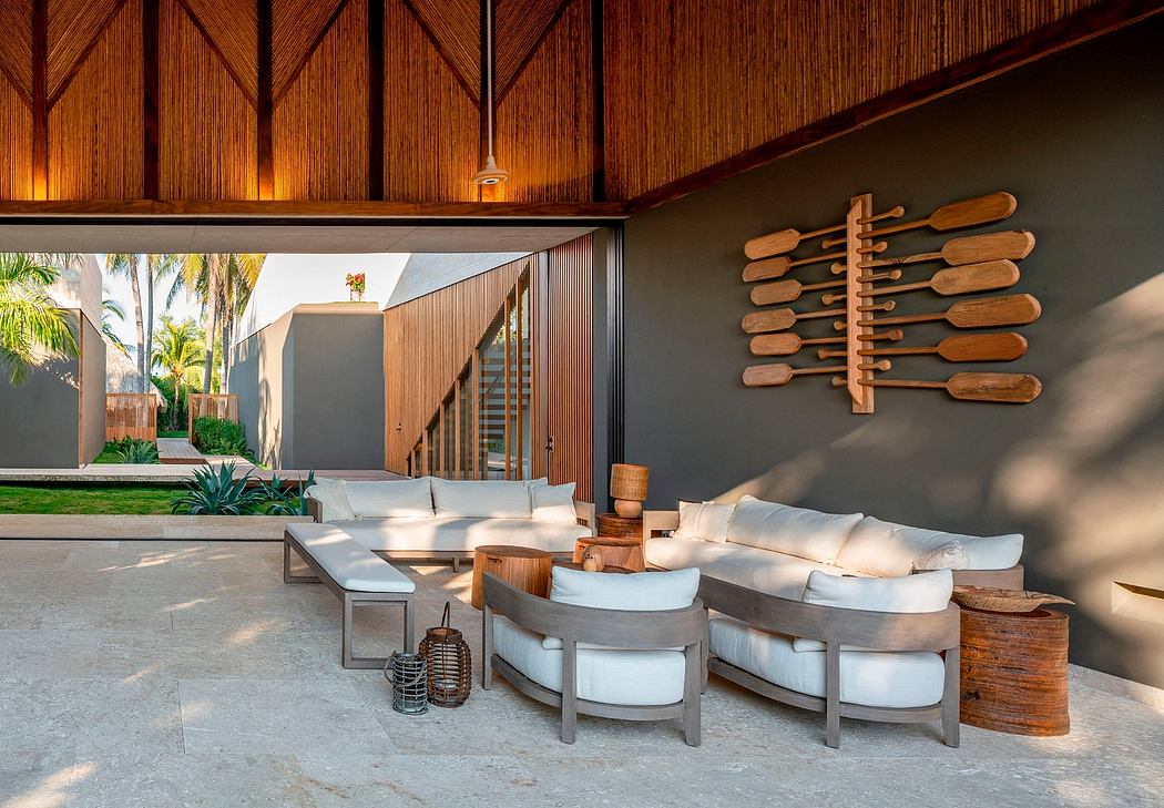 Stunning wooden beams, modern furniture, and rustic decor elements create a cozy outdoor oasis.