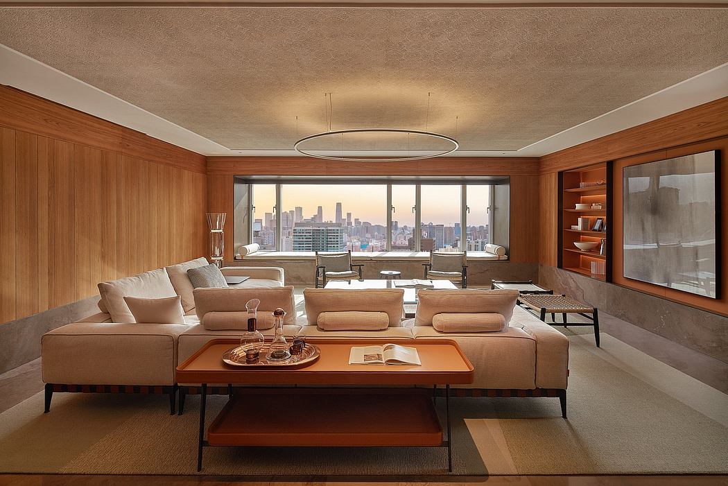 Elegant living room with panoramic city view, wooden paneling, and modern furnishings.