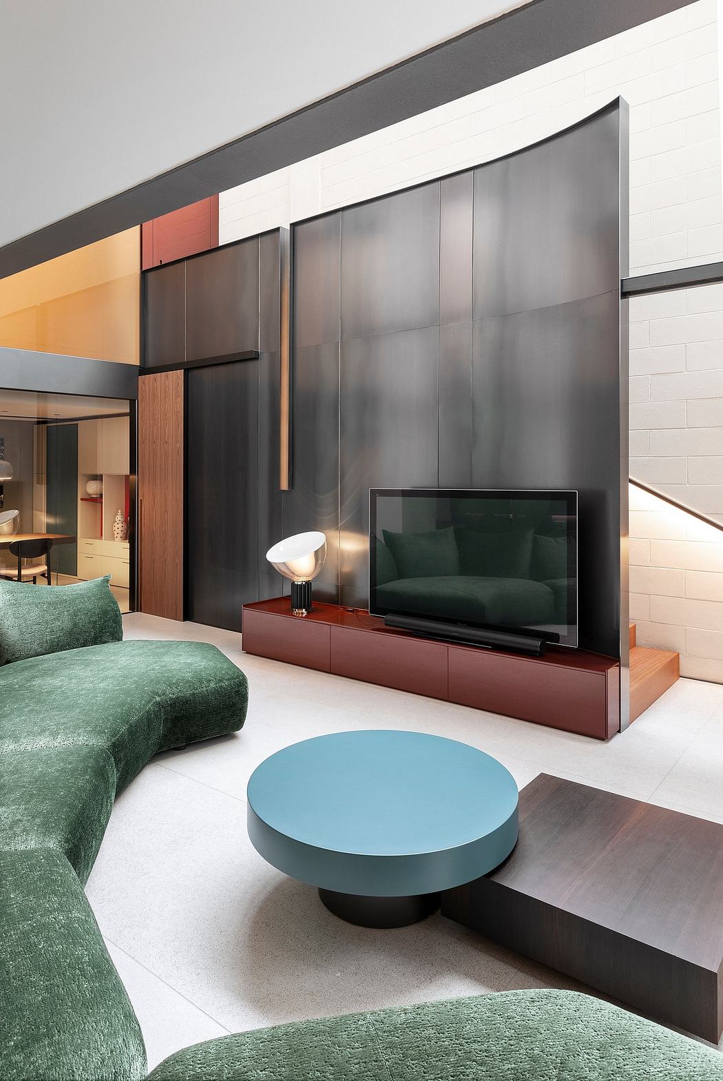 Sleek, modern living space with contrasting colors, textures, and geometric shapes.