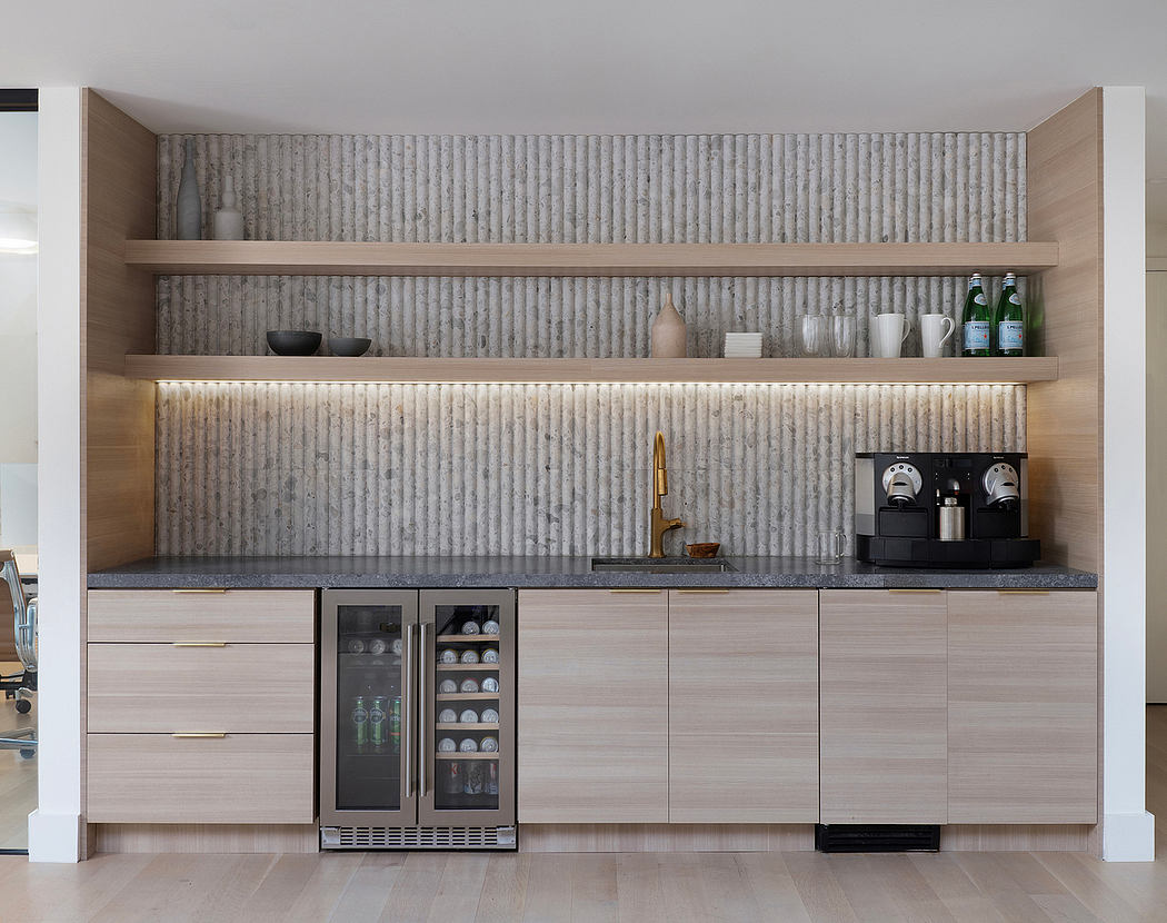 Elegant kitchen design with sleek cabinetry, shelving, and a textured backsplash.