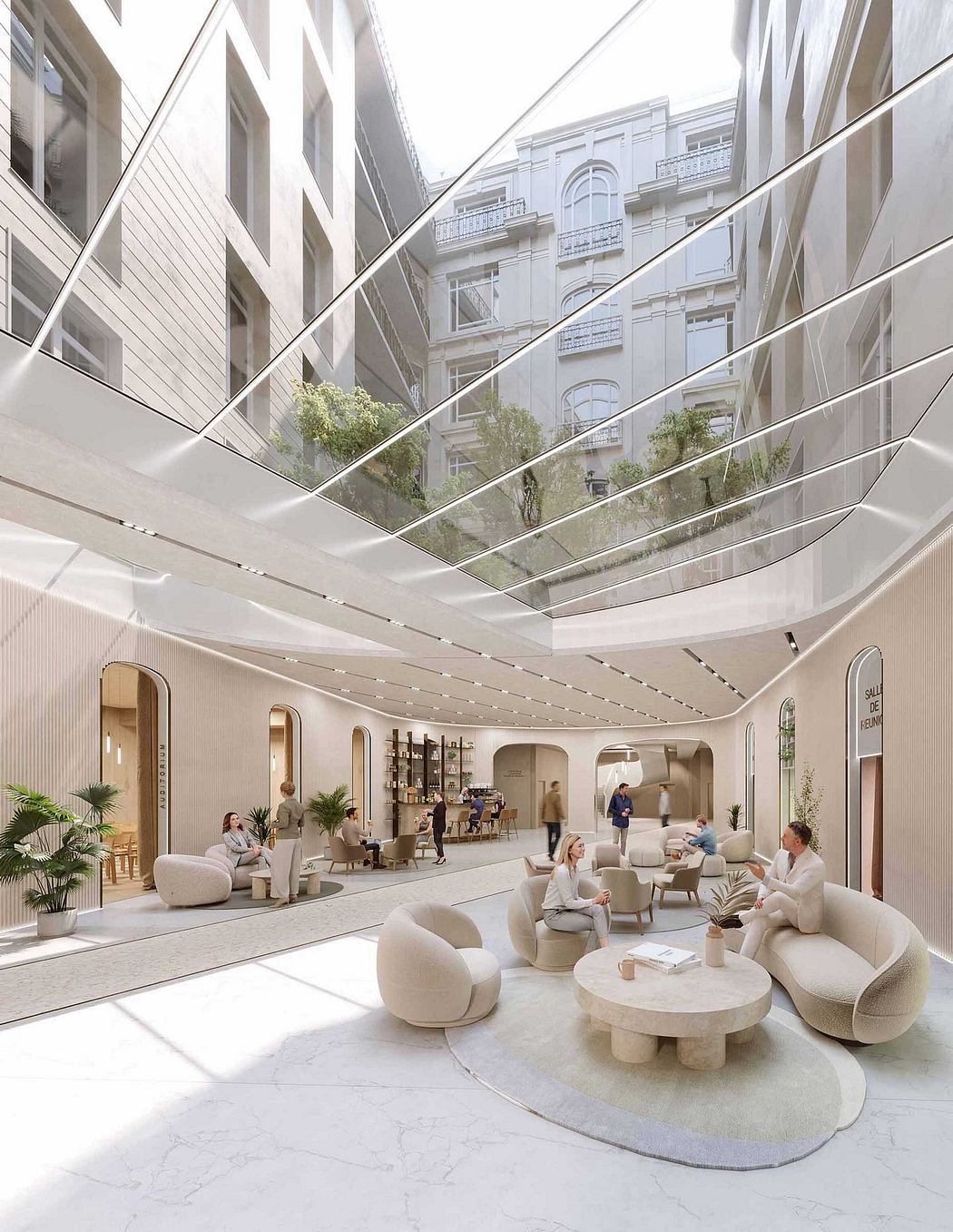 Stunning modern atrium with geometric glass ceiling, plush seating, and lush greenery.