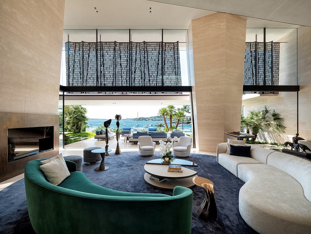 Luxurious living room with panoramic views, modern furniture, and opulent decor.