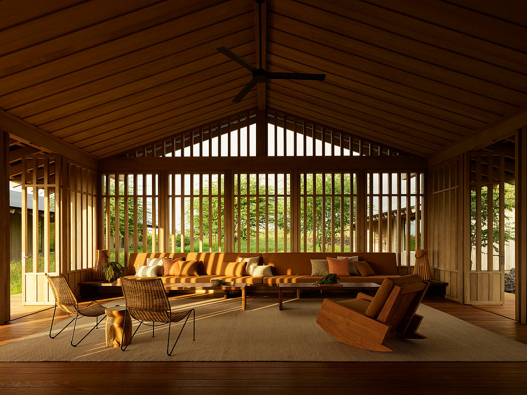 Expansive wooden structure with large windows overlooking lush greenery, cozy seating arrangements.