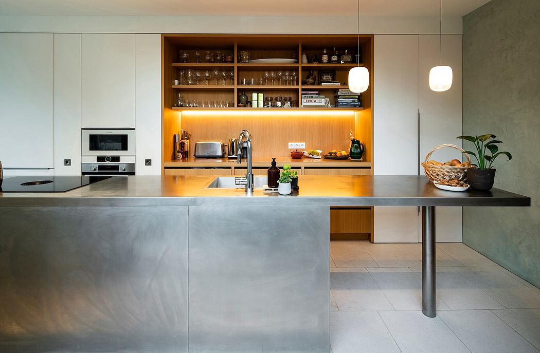Sleek, modern kitchen with wood accents, floating shelves, and stainless steel appliances.