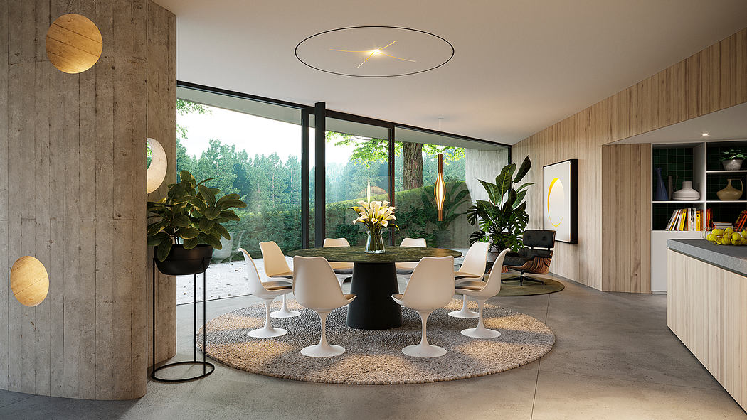 Spacious, modern dining room with a round table, Tulip chairs, and nature-inspired decor.