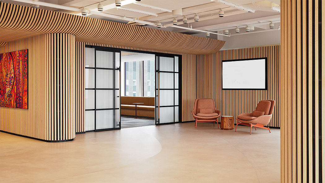 Sleek, modern office space with wooden slat walls, minimalist furniture, and large windows.