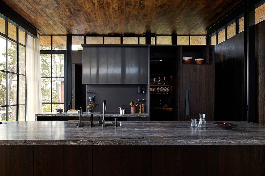 Rustic modern kitchen with dark wooden walls, sleek black cabinetry, and stone countertops.
