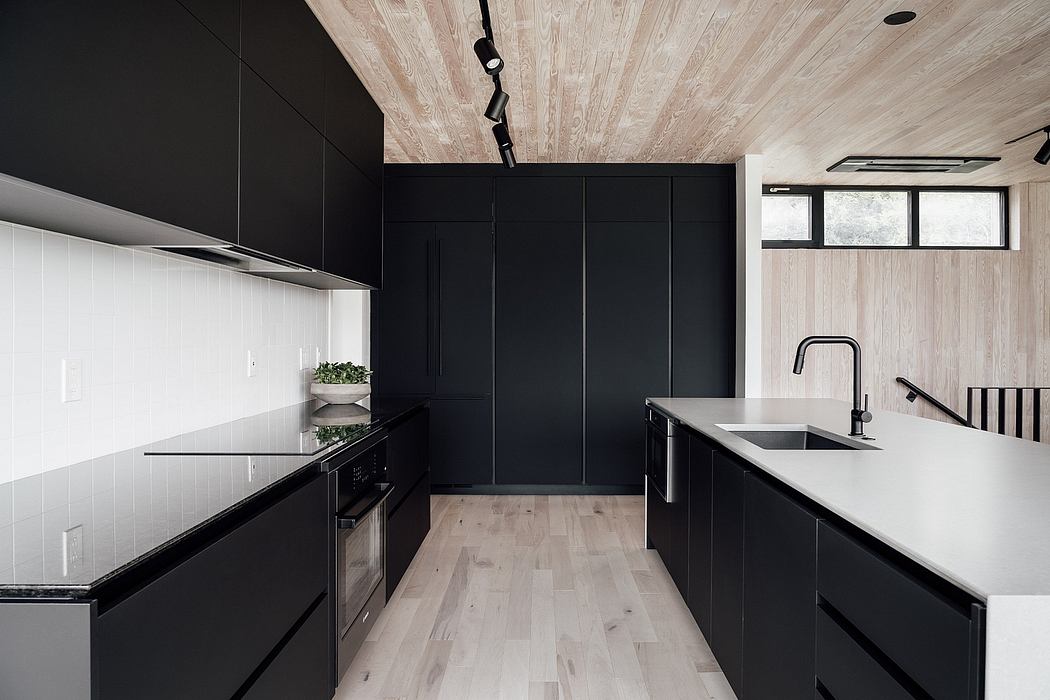 Sleek, modern kitchen with black cabinetry, wooden ceiling, and minimalist design.