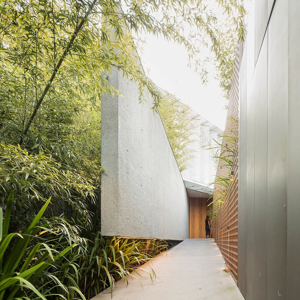 Sleek concrete walls and wooden lattice create a modern, nature-inspired entryway.