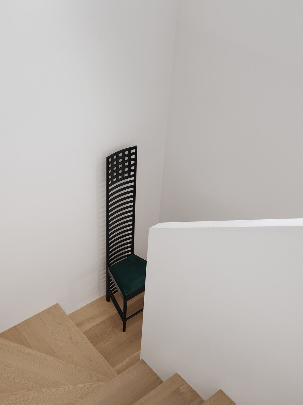 A black lattice-patterned chair stands against a stark white wall, complementing the wood staircase.