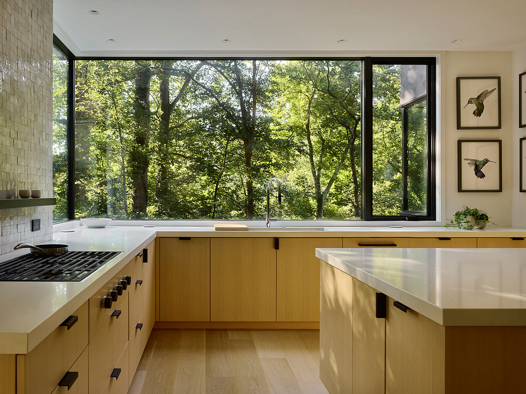 A modern kitchen with large windows overlooking a lush, verdant forest landscape.