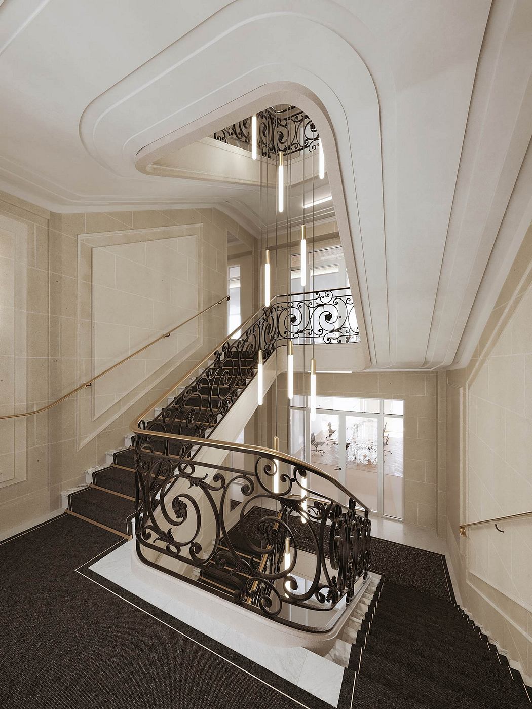 A grand staircase with ornate iron railings and intricate architectural details.