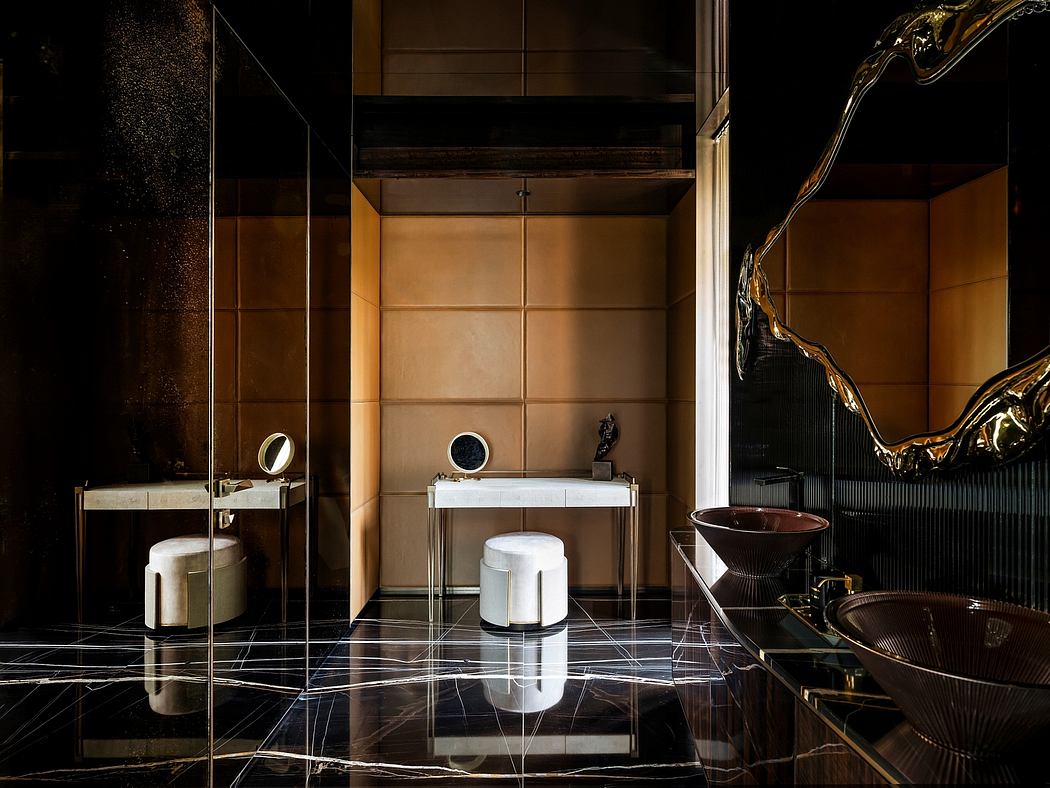 A modern bathroom with minimalist vanity, marble floors, and wooden paneled walls.