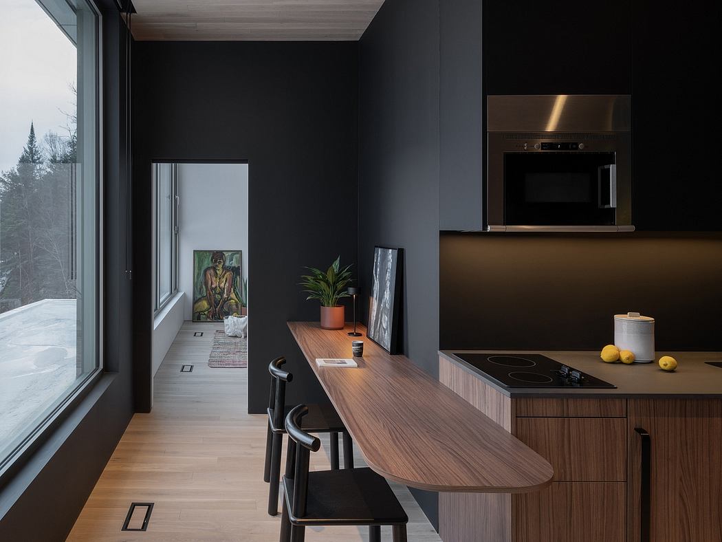 Sleek, modern kitchen with dark walls, wood countertops, and built-in appliances.