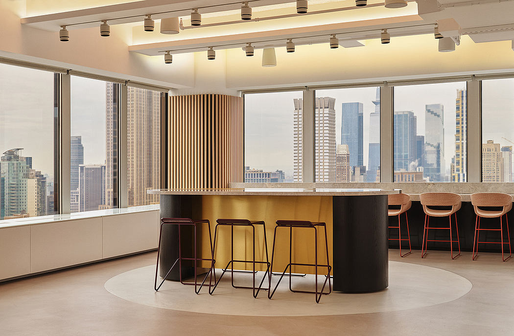 Sleek, modern office space with floor-to-ceiling windows, wood paneling, and stylish bar stools.