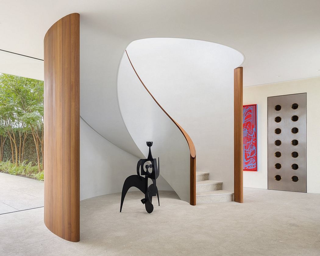 Elegant curved wood structure, modern minimalist design, artful sculptural elements.