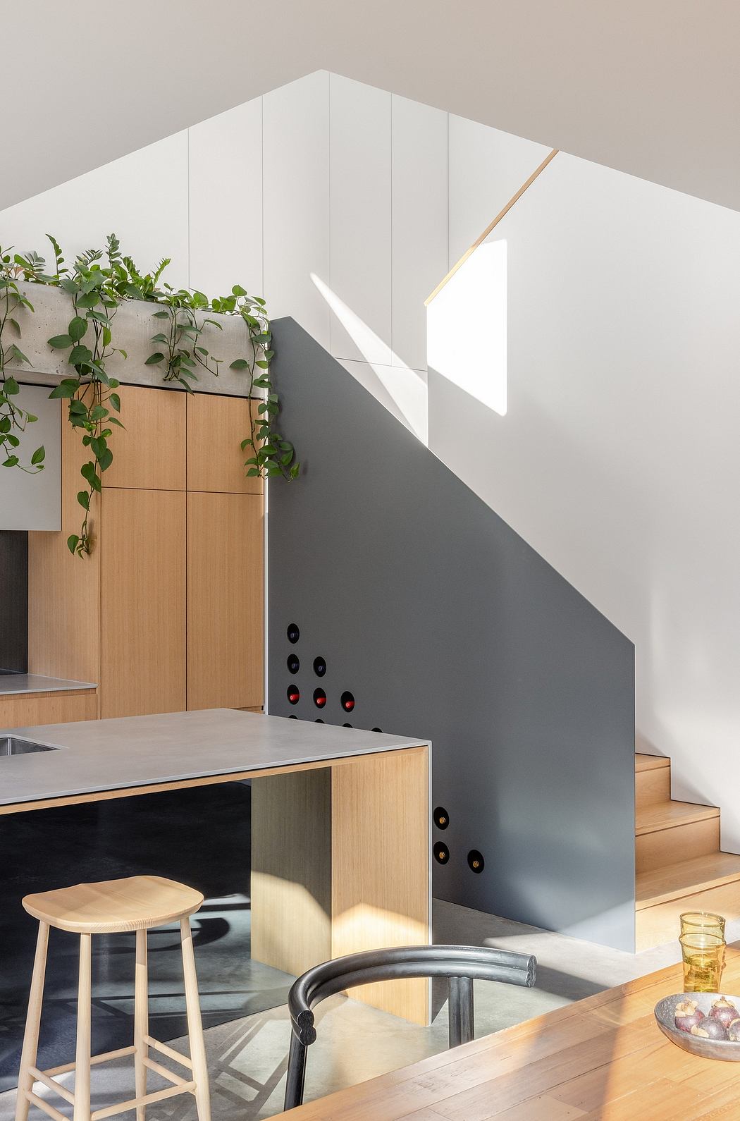 Minimalist kitchen with sleek grey walls, wood cabinetry, and a touch of greenery.