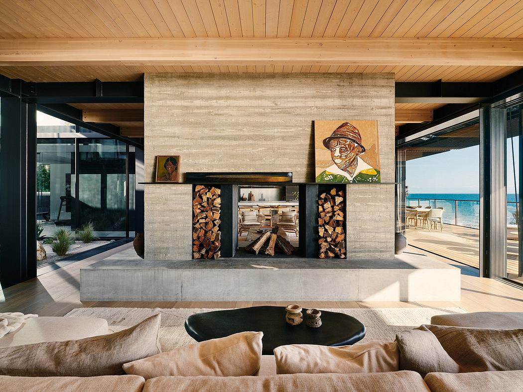Modern, minimalist living space with concrete fireplace, wood storage, and artwork.