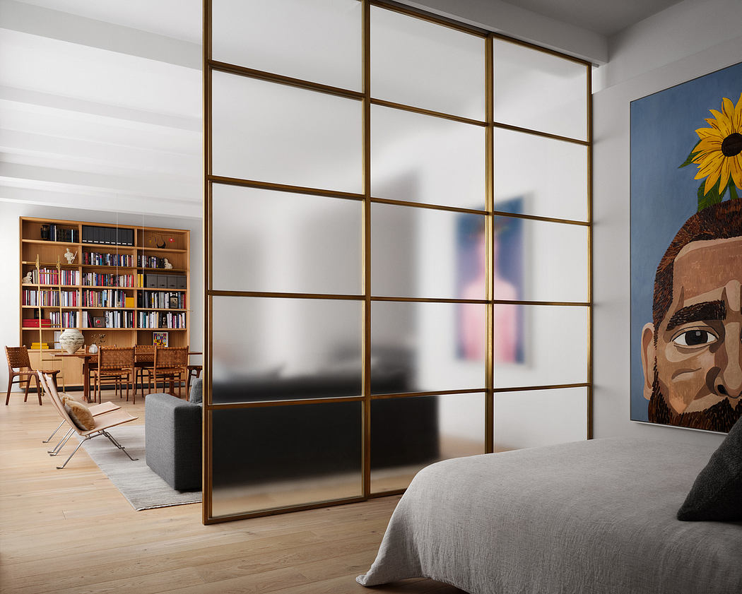 Spacious bedroom with large sliding glass doors, built-in bookshelves, and abstract artwork.