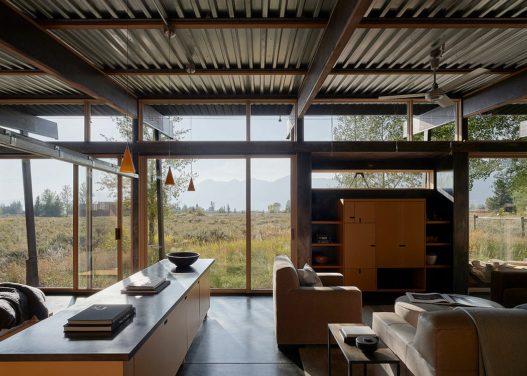 Modern interior with floor-to-ceiling windows, wooden beams, and minimalistic decor.