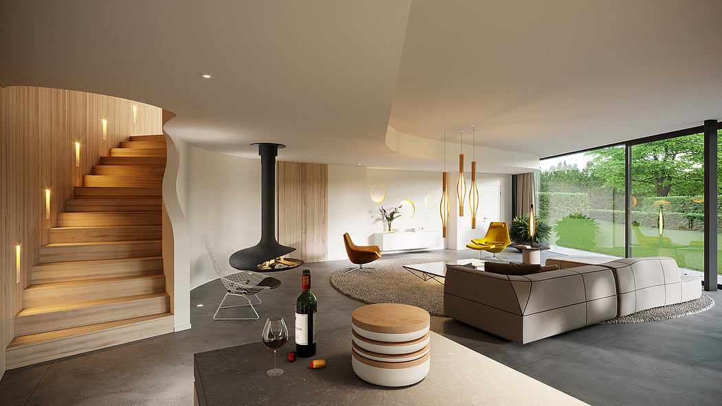 Luxurious modern living room with sleek furniture, wooden staircase, and panoramic view.