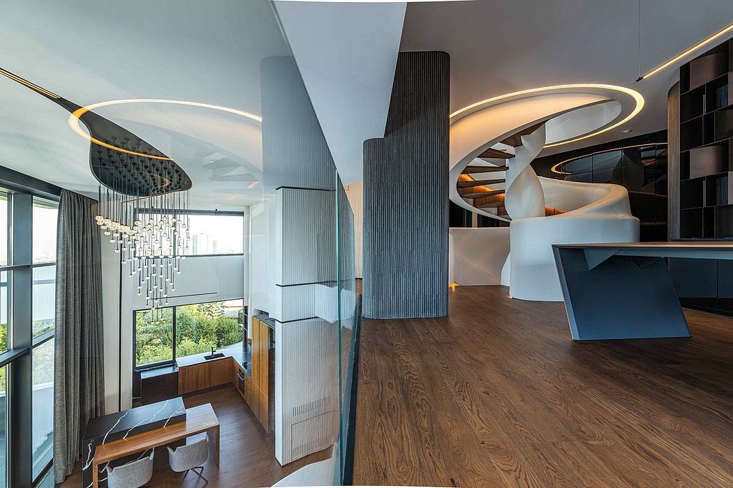 A modern, open-concept living space with sleek, curved architectural elements and lighting.