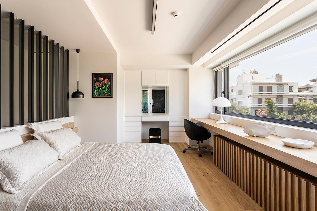 A spacious, modern bedroom with floor-to-ceiling windows, sleek furnishings, and warm wood accents.