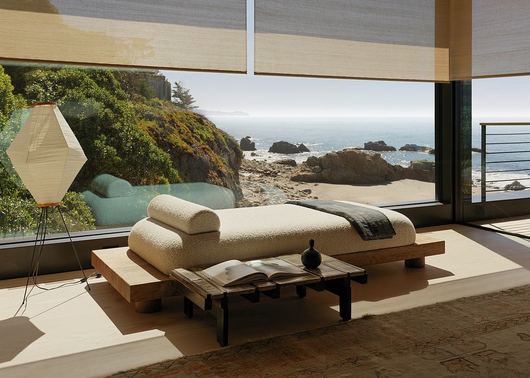 Luxurious ocean-view living room with mid-century modern furnishings and natural light.