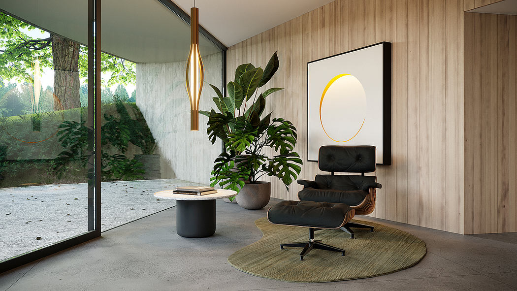 A modern interior design with wooden walls, a statement circular artwork, and a plush leather chair.