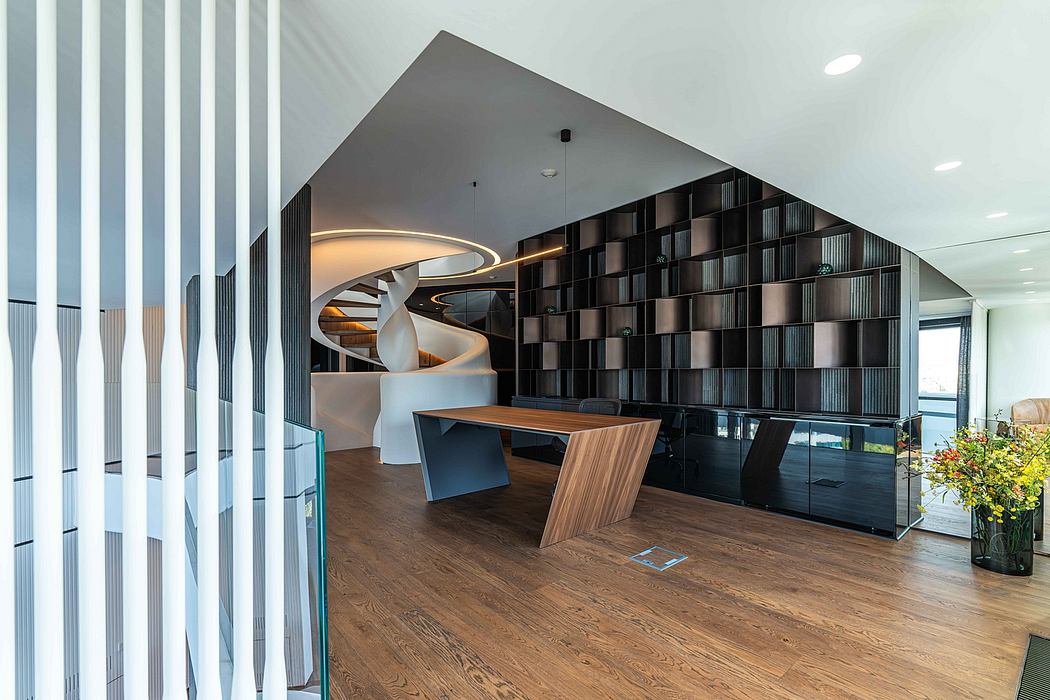 Sleek, modern interior design with spiral staircase, geometric shelving, and wooden desk.