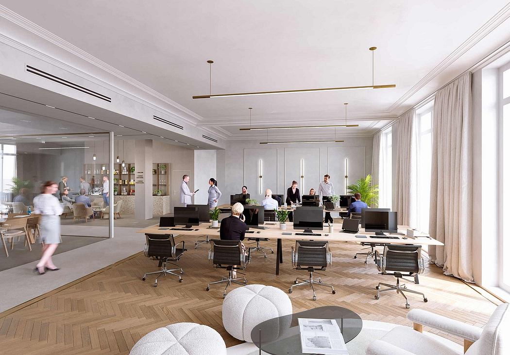 Spacious modern office with elegant architectural features and furnishings.