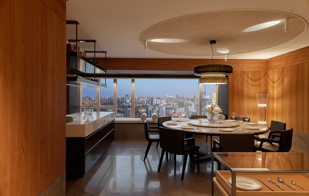 Sleek modern interior with panoramic city view, wood paneling, and circular lighting.