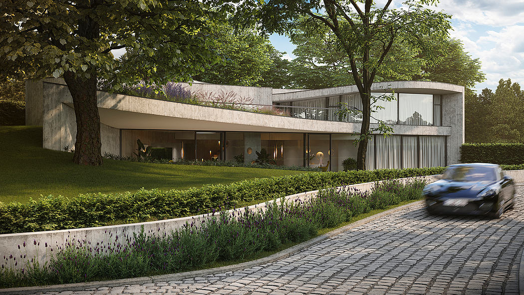 Elegant modernist residence with curved façade, lush landscaping, and cobblestone driveway.