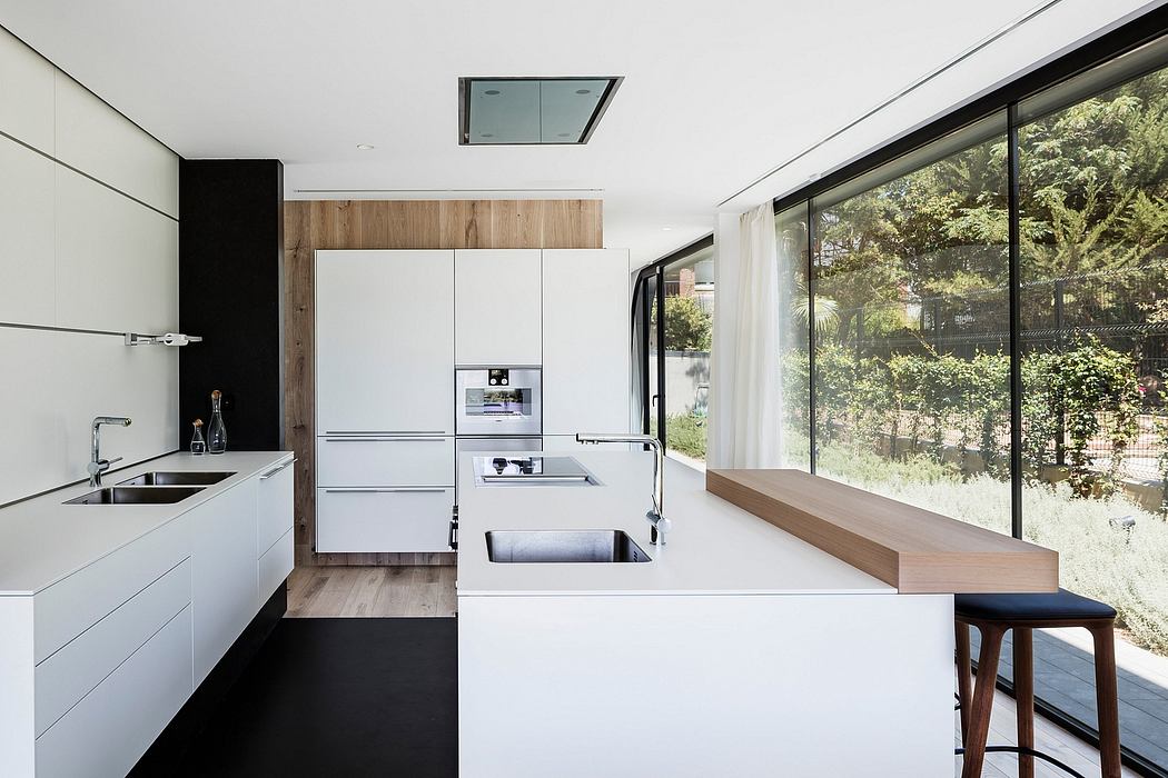 Modern, minimalist kitchen with wooden accents, large windows, and integrated appliances.