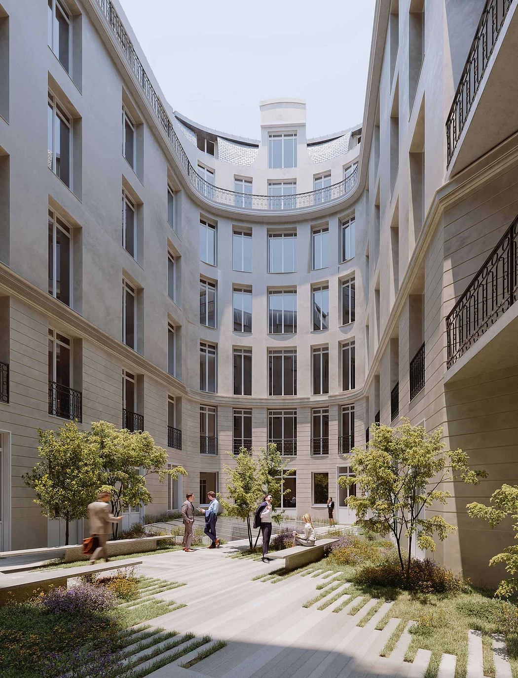 Curved, elegant facade with recessed balconies, ornate details, and lush greenery.