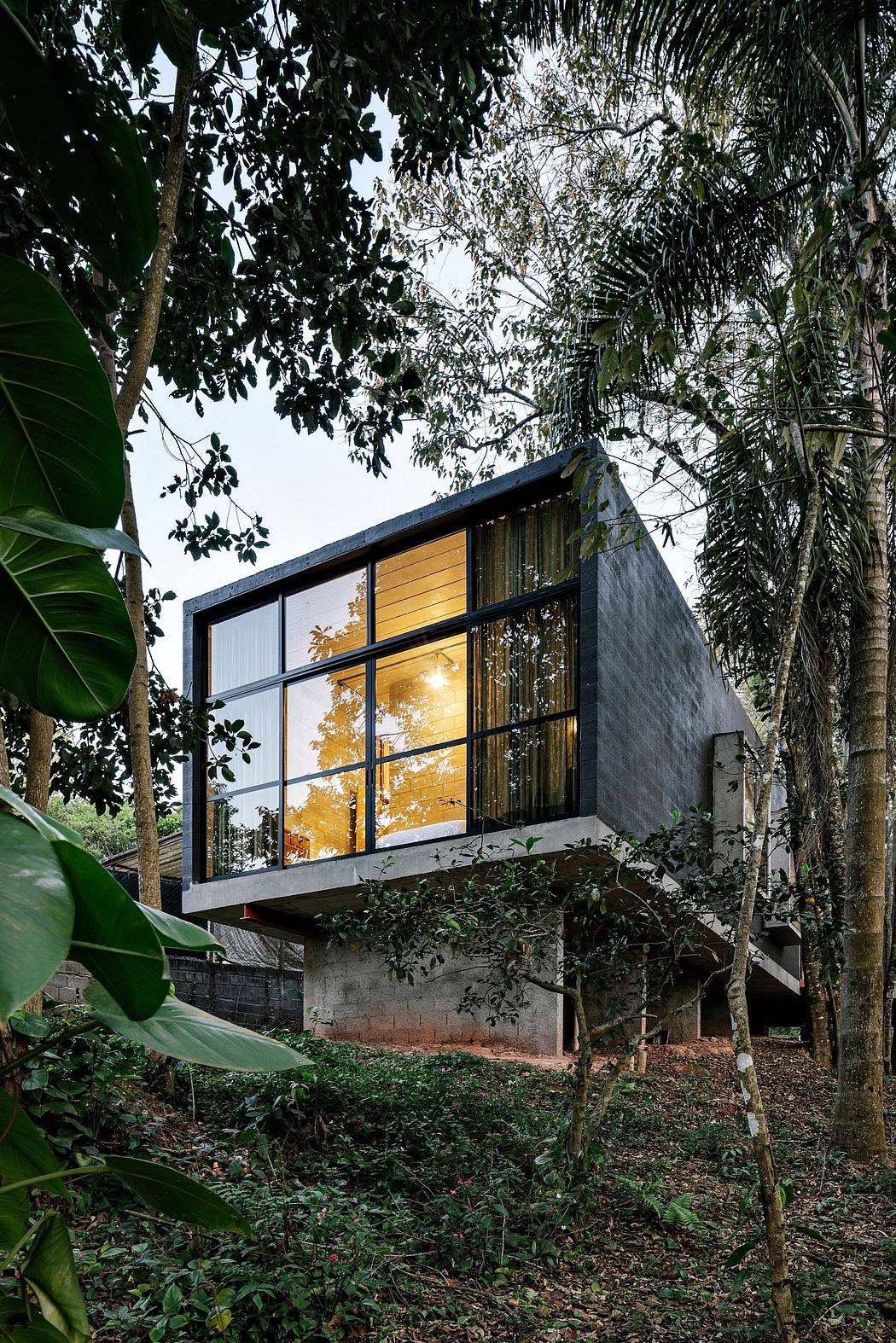 A modern, glass-enclosed structure nestled in a lush, tropical setting.