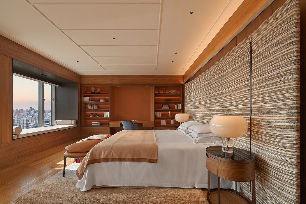 Elegant bedroom with wood paneling, built-in shelving, and expansive city view.