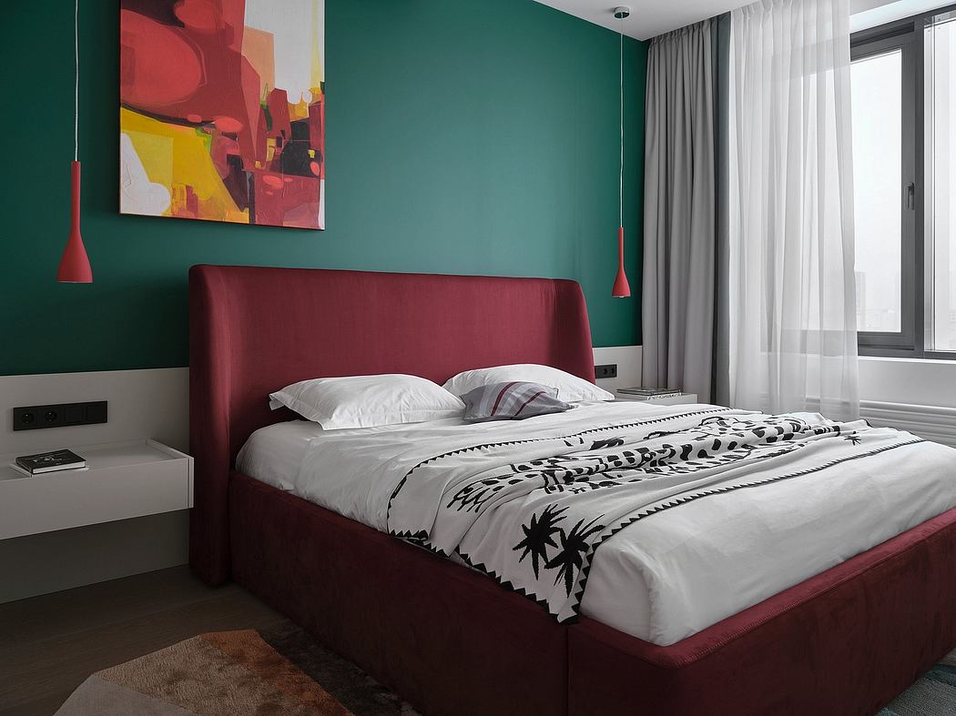 Vibrant, modern bedroom with bold color palette, abstract artwork, and pendant lighting.